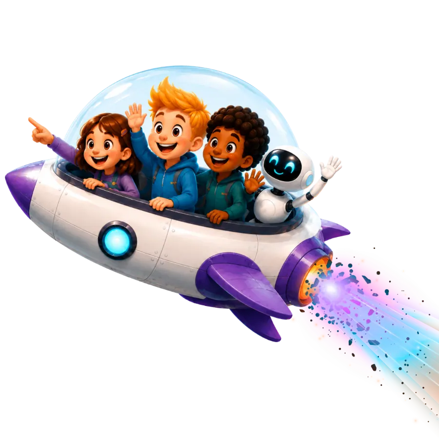 Children and a robot flying a rocket