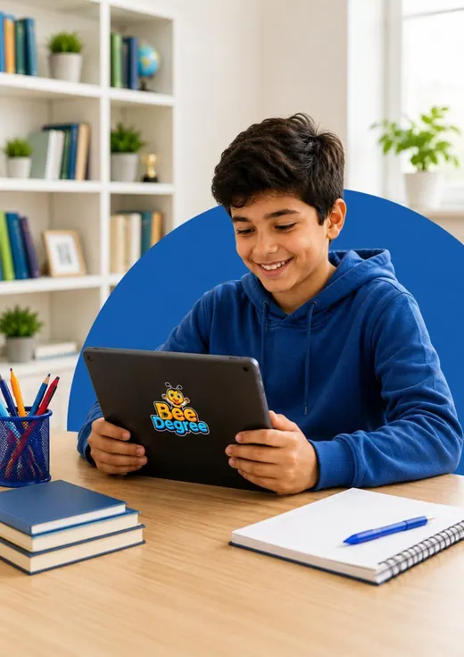 A boy using Bee Degree on a tablet